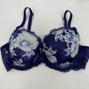 Victoria Secret Push Up Bra 32D Rhinestones Blue Satin Padded Plunge Underwire‎